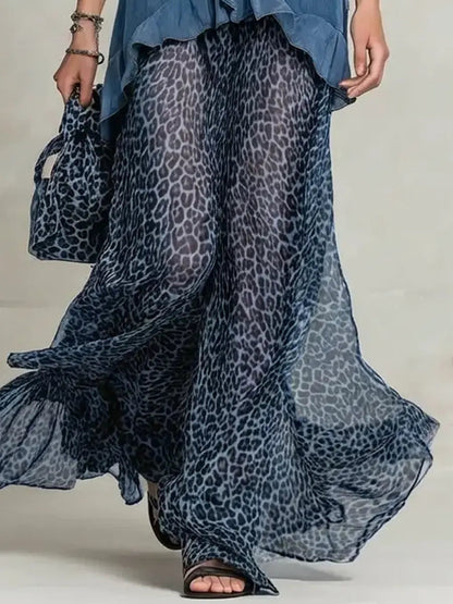 Women's Retro Lapel Denim Chiffon Patchwork Art Casual Long Dress