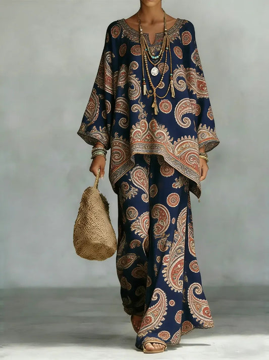 Women's Vintage Ethnic Art Comfortable Loose Cotton Linen Wide-leg Pants Two-piece Set