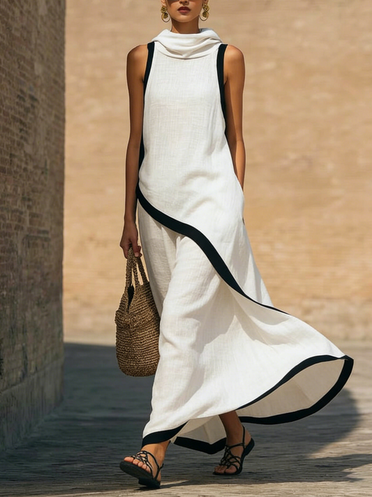 Elegant Color-block Trimmed Loose-fit Cotton-linen Hooded Dress