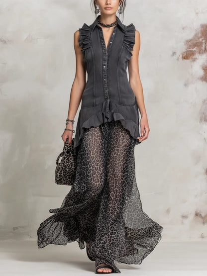 Women's Retro Lapel Denim Chiffon Patchwork Art Casual Long Dress