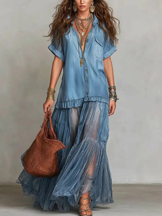 Women's Retro Lapel Denim Organza Patchwork Art Casual Maxi Dress