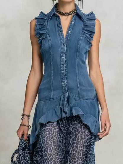 Women's Retro Lapel Denim Chiffon Patchwork Art Casual Long Dress