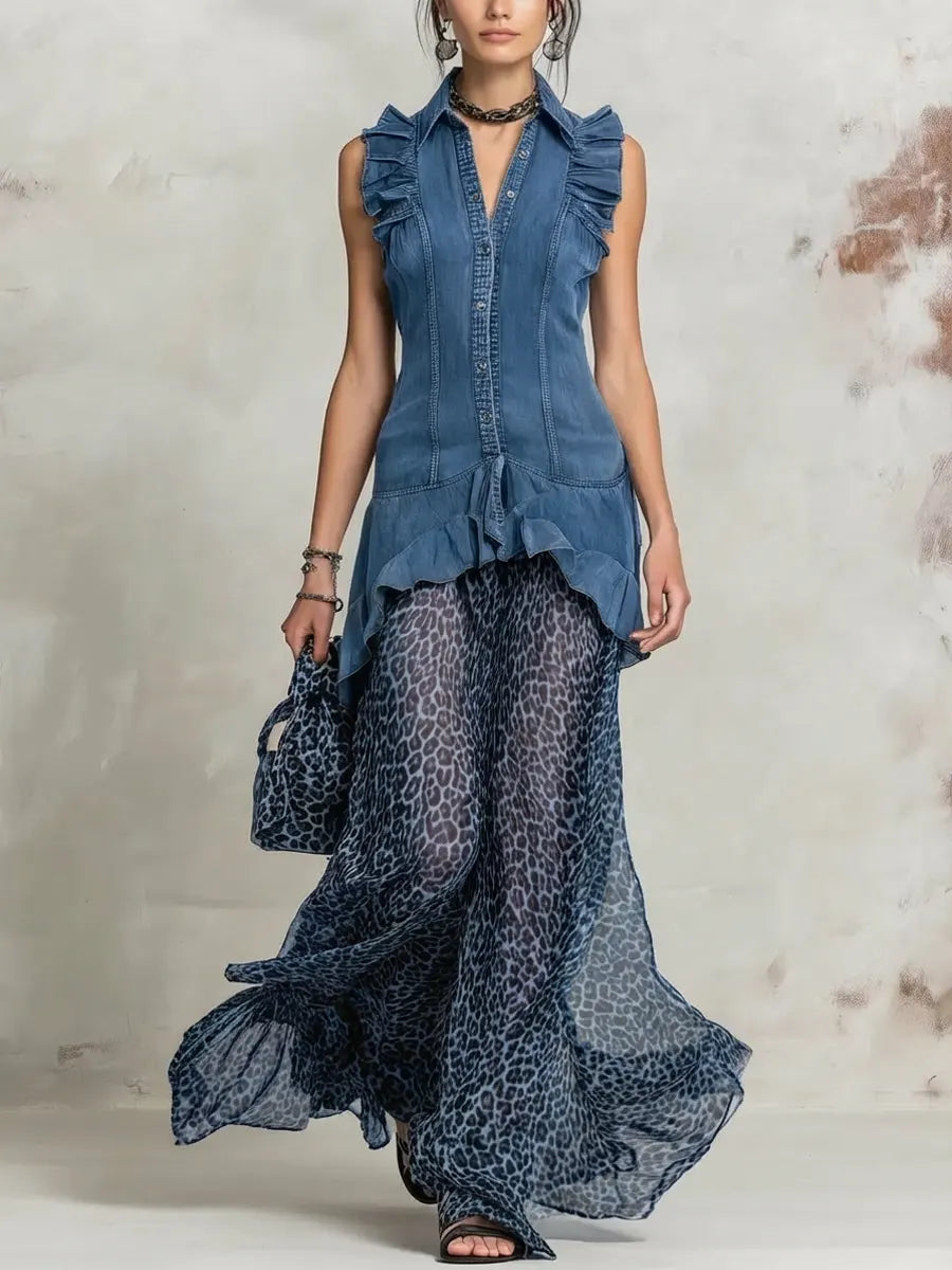 Women's Retro Lapel Denim Chiffon Patchwork Art Casual Long Dress