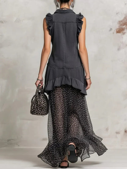 Women's Retro Lapel Denim Chiffon Patchwork Art Casual Long Dress