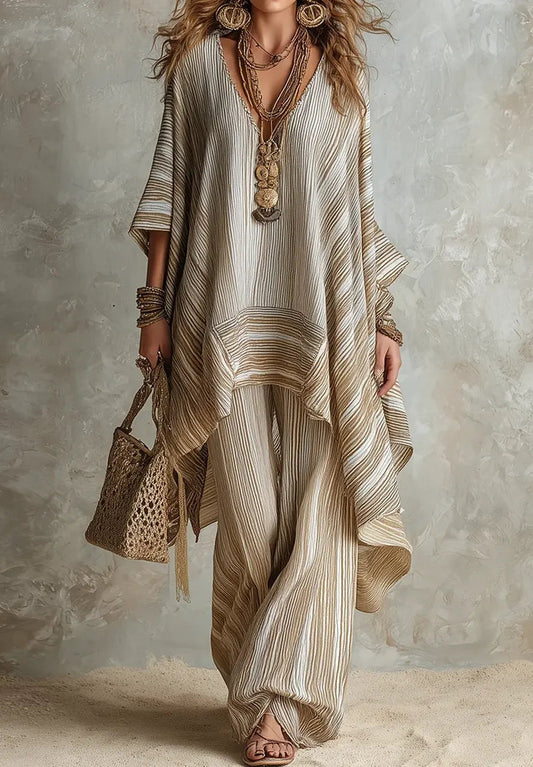 Women's Chic Striped Casual Stylish Cotton Linen Top & Pants Set