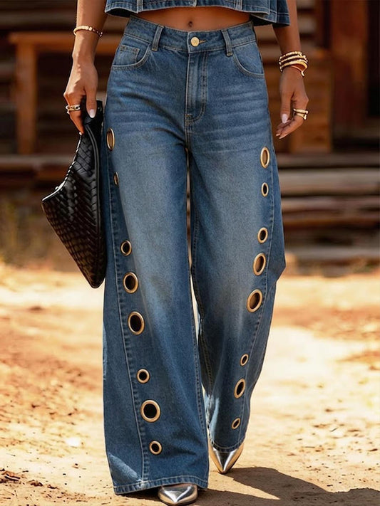 Women's High-waisted Casual Loose Wide-leg Jeans With Metal Cutout Design
