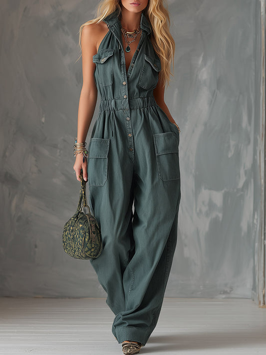 Casual Retro Green Denim Lapel Wide-Leg Jumpsuit