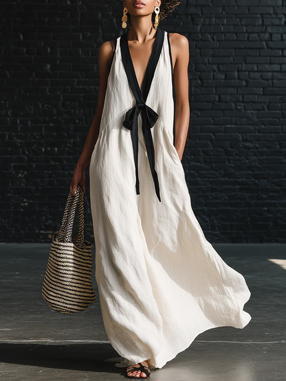 Classic Elegant Color-blocked Tie-neck Maxi Dress